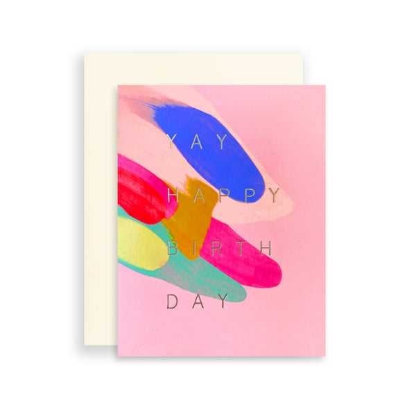 Moglea Aurora Birthday card featuring vibrant, colorful abstract design on textured paper with elegant lettering.