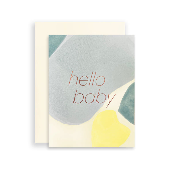 Hello Baby greeting card by Moglea featuring elegant design with soft colors and delicate typography, ideal for new baby messages.