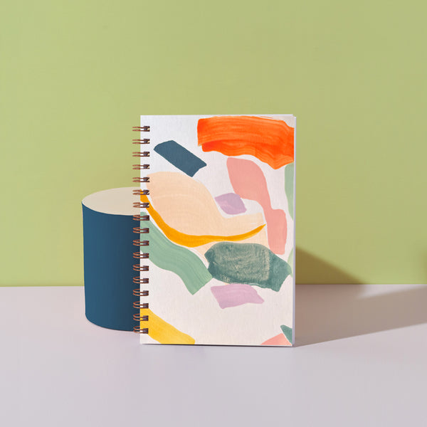 Moglea Pulpboard Notebook in Surprise design with colorful abstract cover and spiral binding on white background