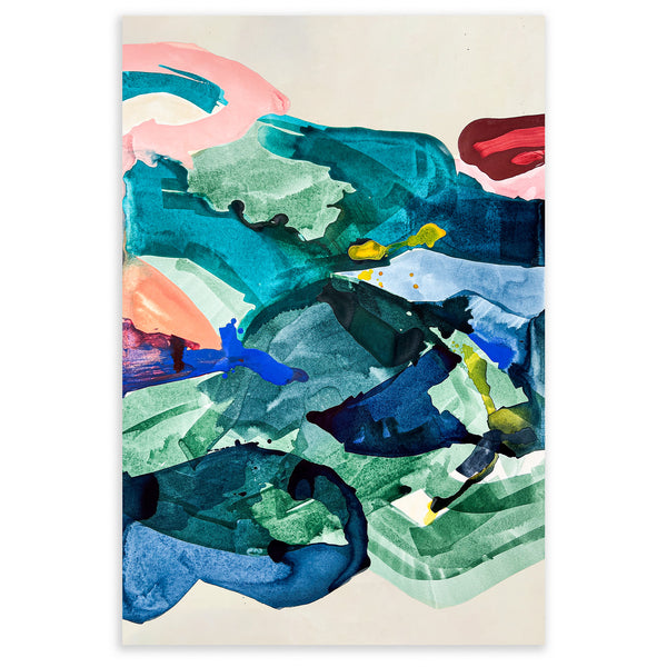 Moglea Drift art print featuring abstract, flowing design with soft blue and beige tones on textured paper.