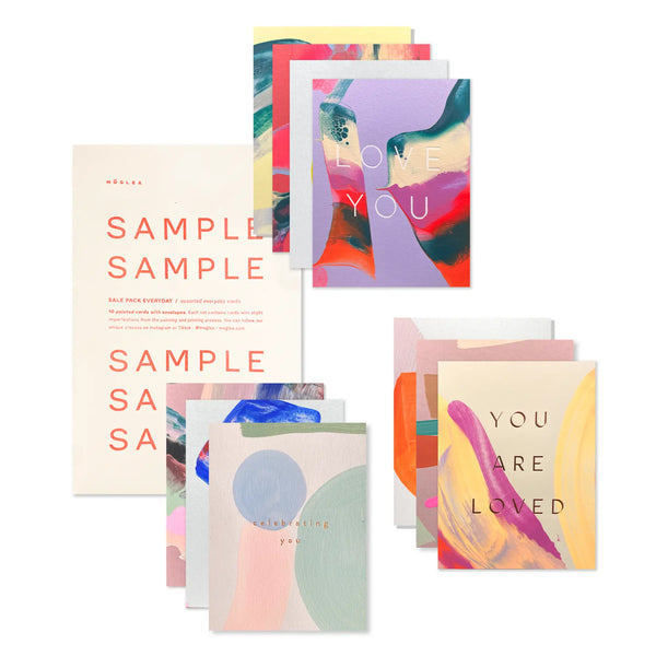 Sample pack of 10 Moglea Everyday Cards - Seconds featuring colorful, artistic greeting cards with unique designs and vibrant illustrations.